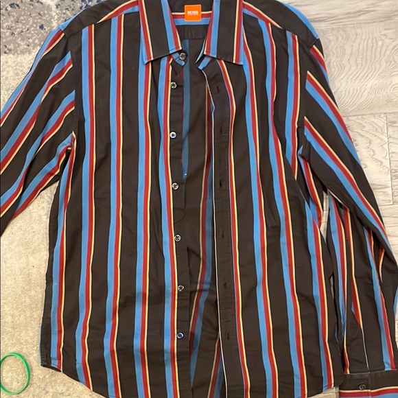 HUGO Striped Button-Up Shirt Brown Blue Orange - Picture 1 of 1